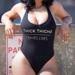 Black One-piece Swimwear THICK THIGHS SAVES LIVES